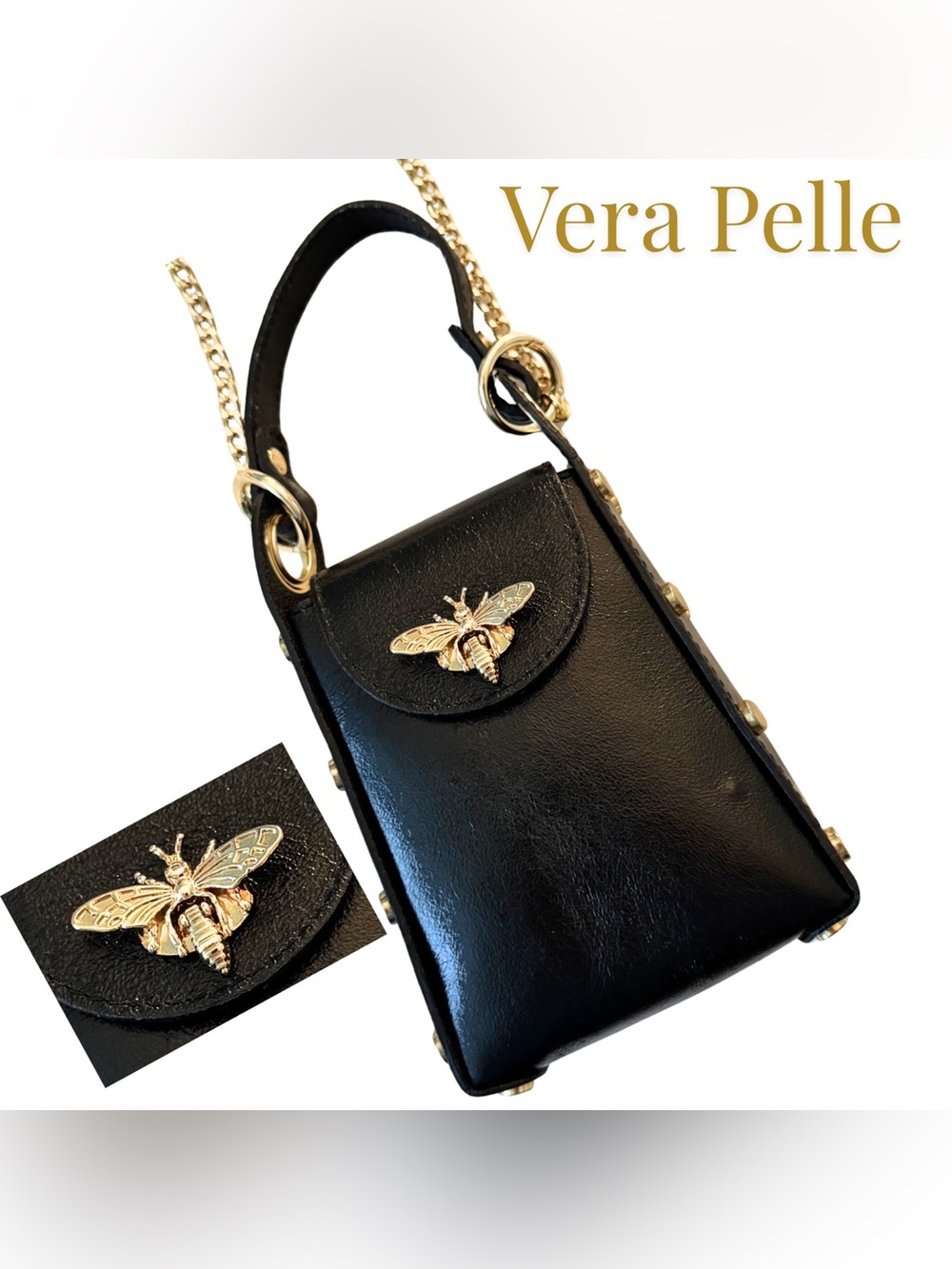 Vera Pelle Black Italian Leather Crossbody Bag Gold Bee Charm Chain Strap 22”